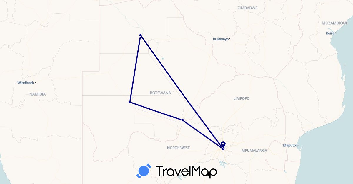 TravelMap itinerary: driving in Botswana, South Africa (Africa)