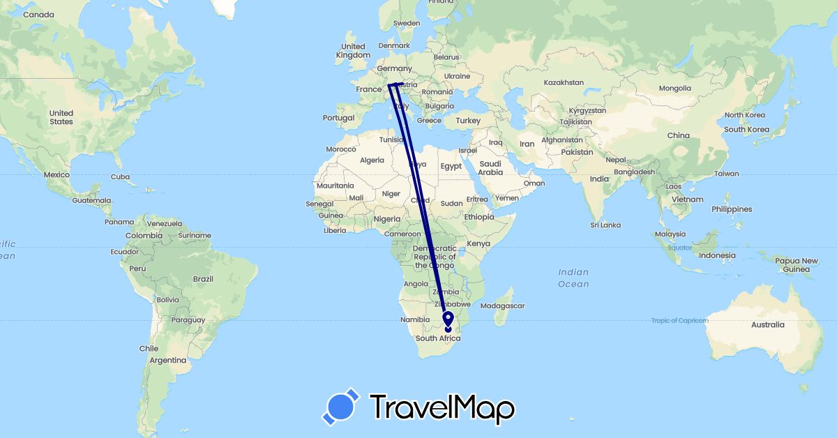 TravelMap itinerary: driving, train in Austria, Switzerland, Germany, South Africa (Africa, Europe)